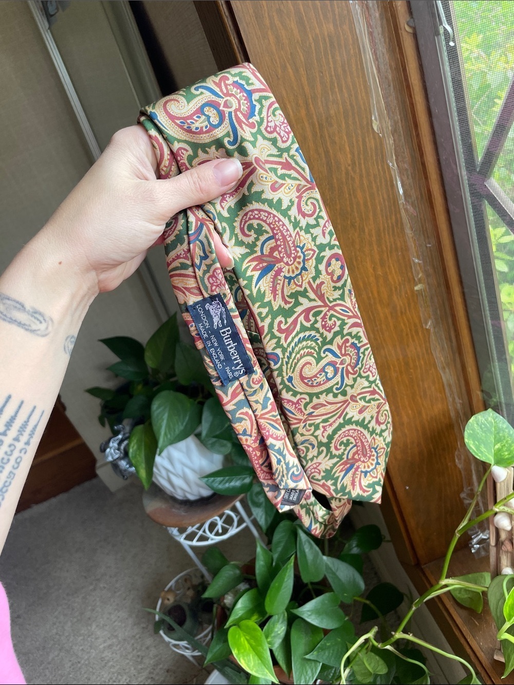Burberry Green and Beige Paisley Silk Tie with Red & Blue Accents